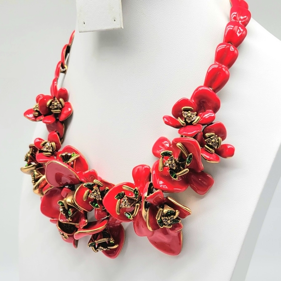 Oscar de la Renta COUTURE red enamel + Swarovski Crystal flower statement piece - Picture 9 of 14